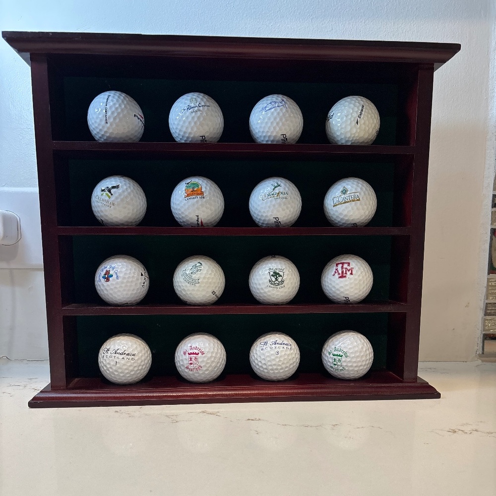 Wooden Standing/Wall 16 Golf Ball Wood Display Case Shelf Rack With Balls